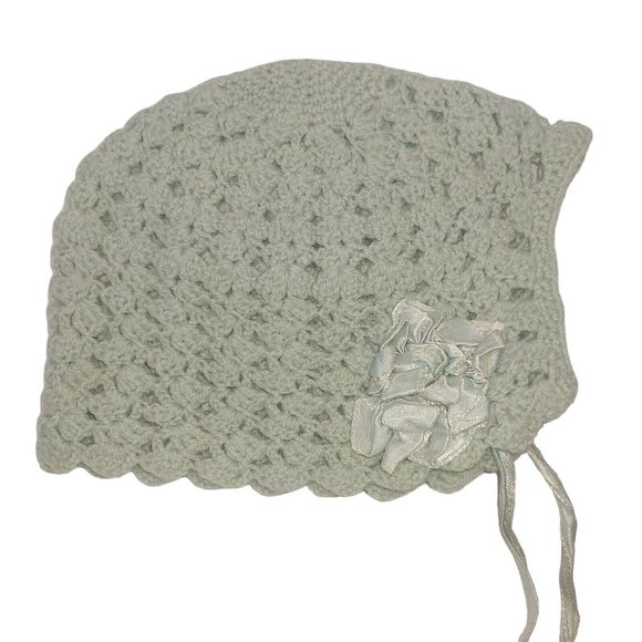 Antique Handknit Baby Hat Blue Satin Ribbon Bows Tie Newborn Small Scalloped - Picture 2 of 10